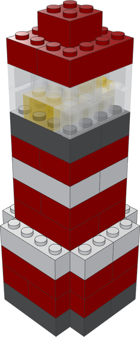 A red and white striped brick lighthouse with a clear lantern room, as built by qubrixx